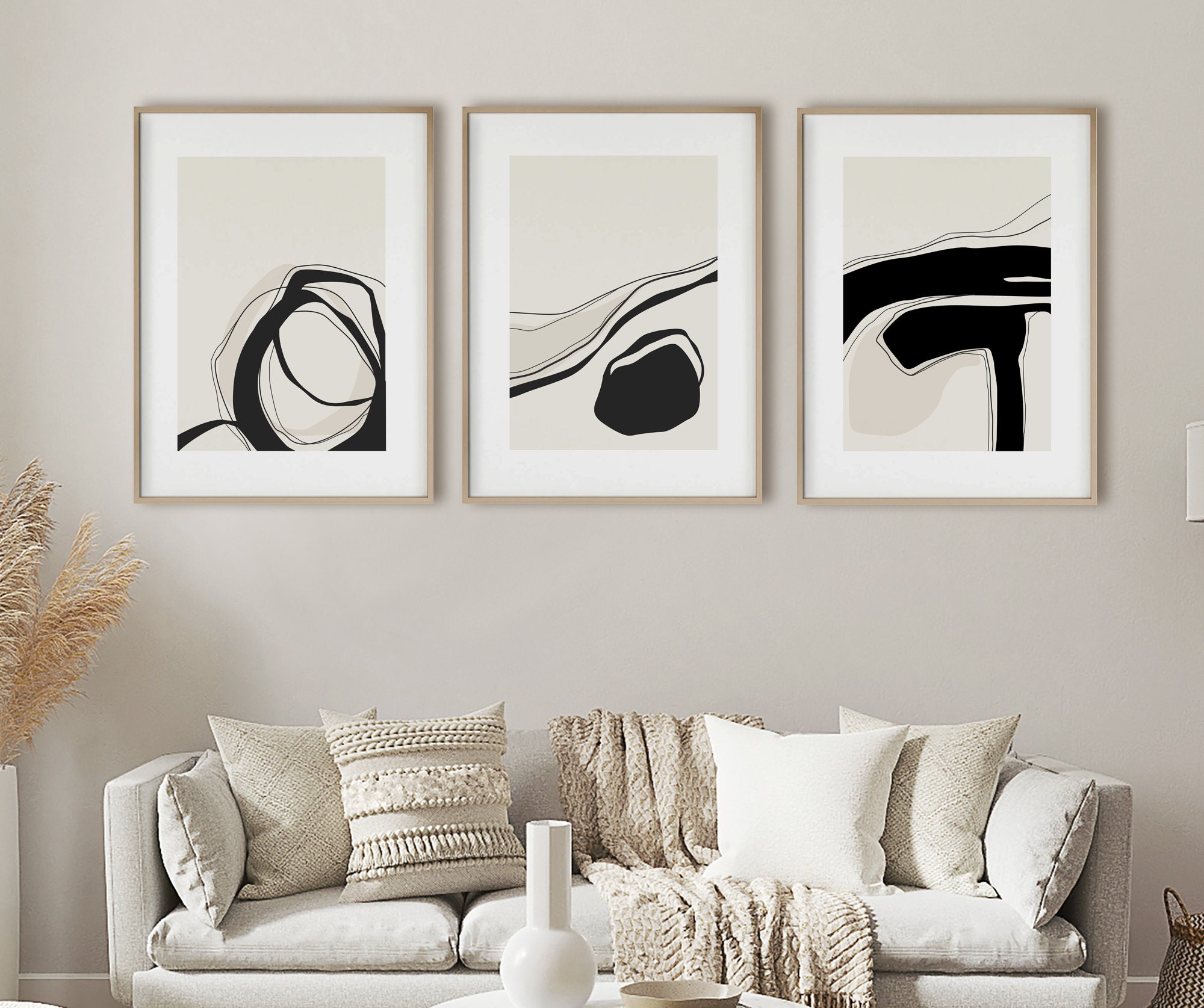 Neutral Abstract Set of 3 Prints Black Beige Modern Art - Etsy
