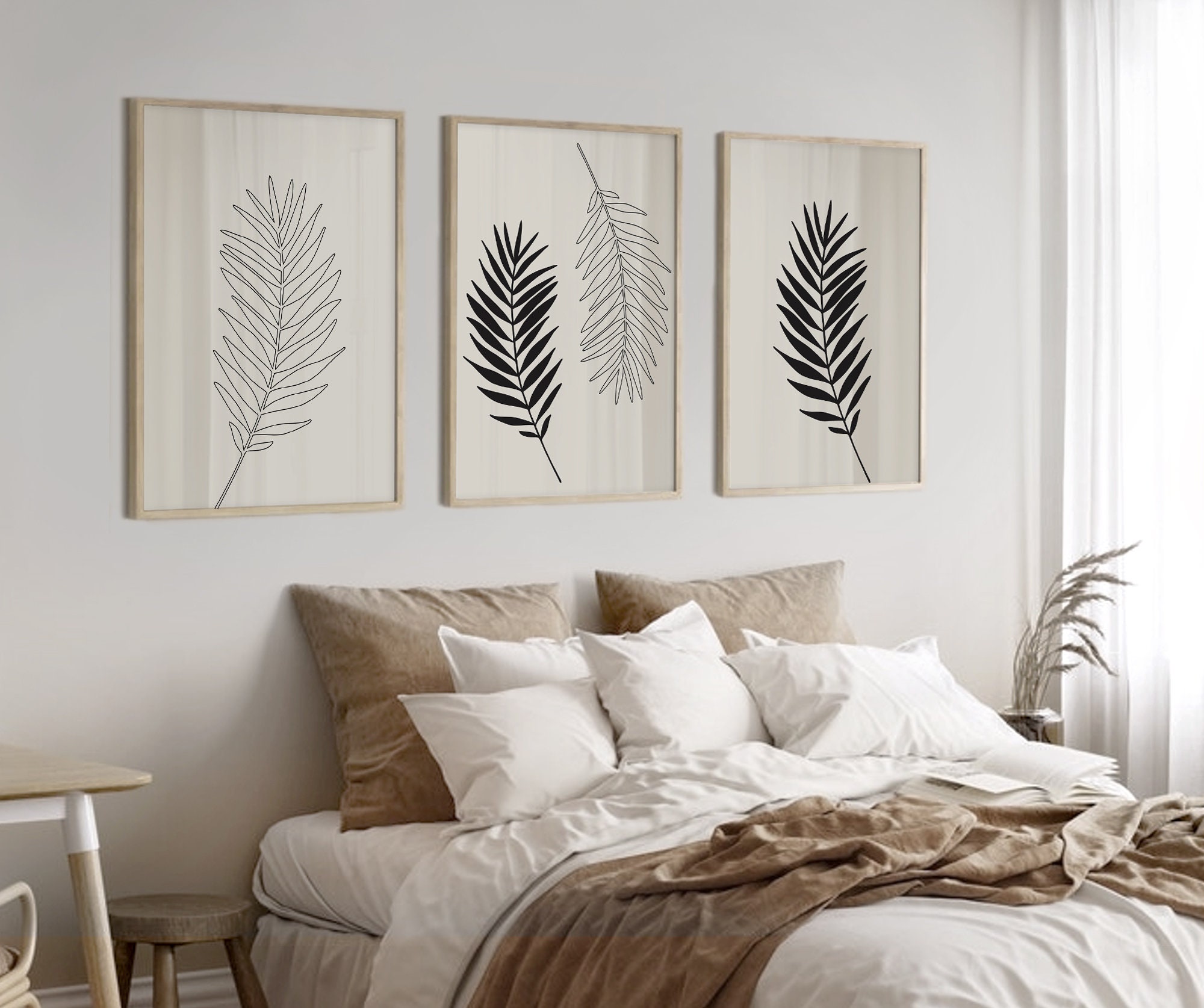 Palm Leaf Line Art Printable Set Tropical Leaves Print Black And Cream 