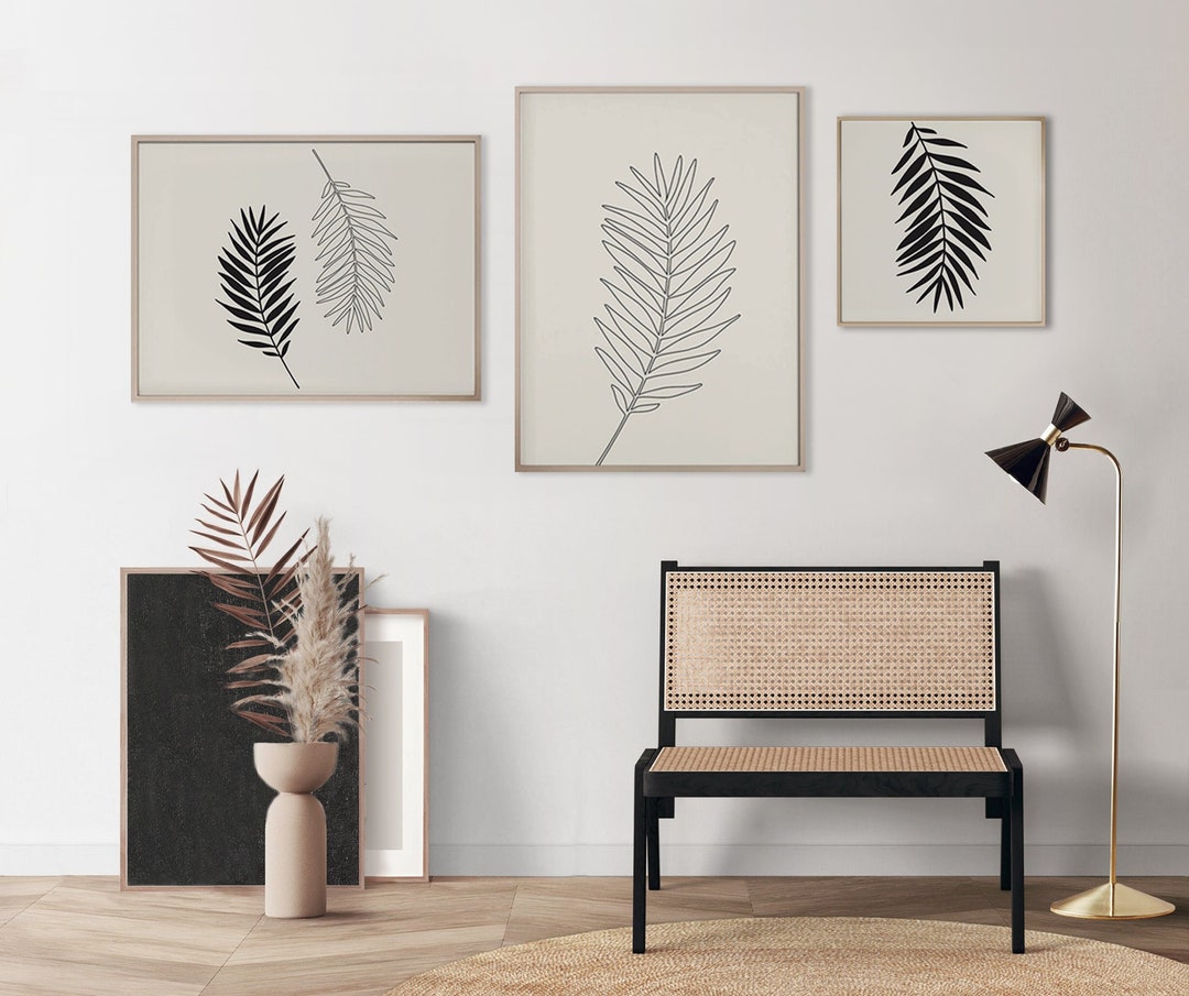 Botanical Line Art Print Set of 3 Download Artwork, Beige Black Palm ...