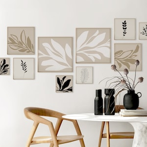 Square botanical digital print set of 10, Neutral black wildflower and leaves wall art printable, Cream plant gallery wall print download