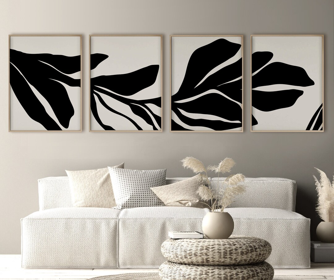 Art Print Download Black Botanical Poster Set of 4, Wall Art Printable ...