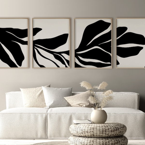 Art print download black botanical poster set of 4, Wall art printable abstract branch leaves artwork, Monochrome minimalist leaf prints