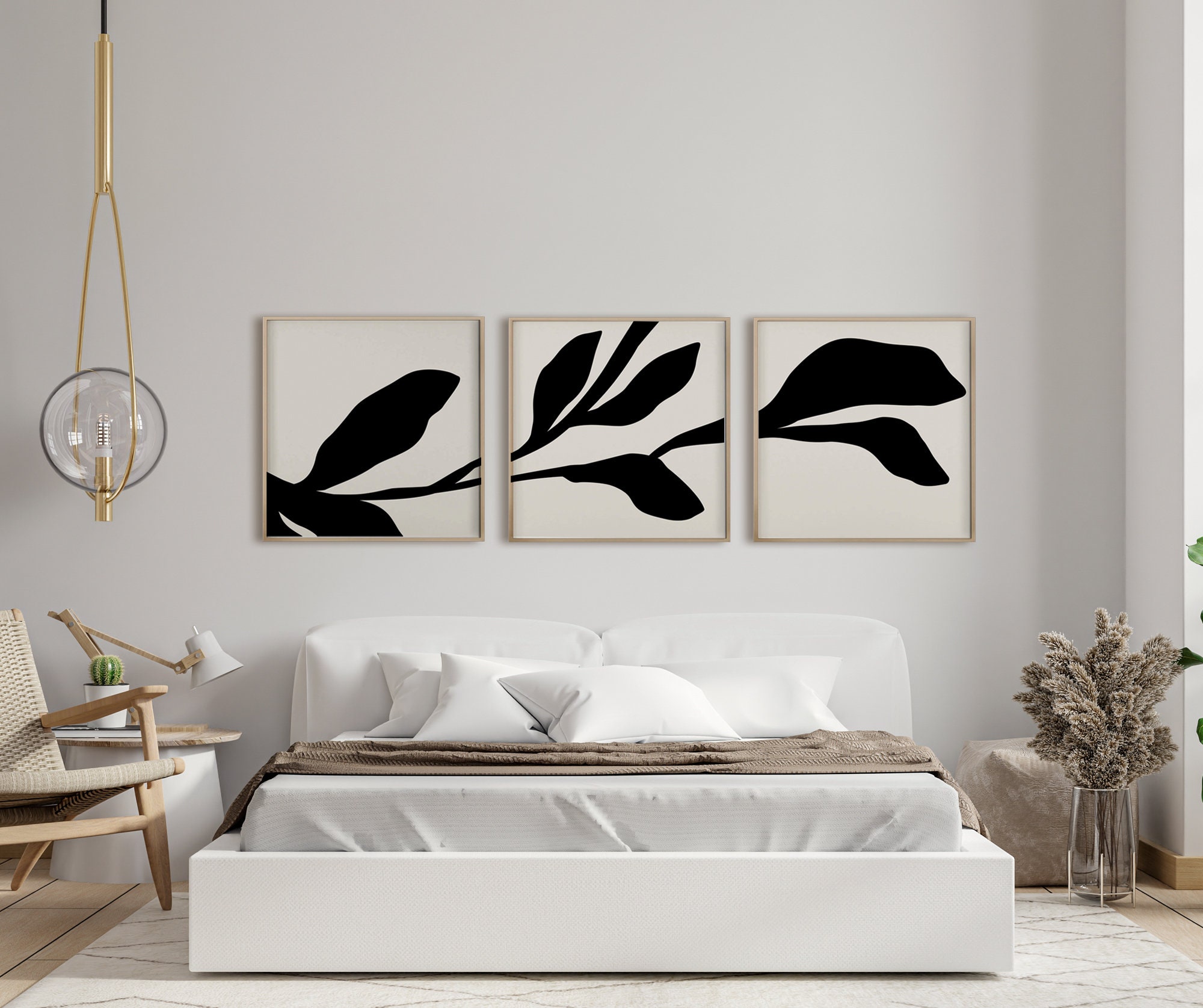 Black Beige Leaf Printable Wall Art Set of 3 Abstract Minimal - Etsy