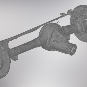 May include: A grayscale image of a vehicle axle assembly. The assembly includes a differential, axle tubes, brake components, and a driveshaft. The parts are rendered with a wireframe effect, giving a technical and detailed appearance.