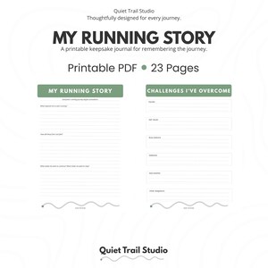 以下が含まれることがあります： Quiet Trail Studioによる23ページの印刷可能なPDFジャーナル「My Running Story」。このドキュメントには、ランニング体験を記録するための罫線付きセクションがある2ページが含まれており、「What inspired me to start running」などの質問が記載されています。