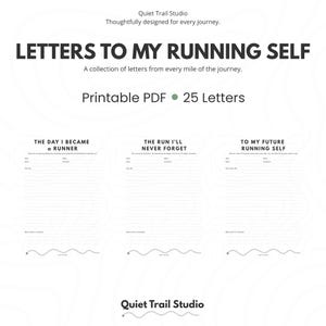 以下が含まれることがあります： Quiet Trail Studioによる「LETTERS TO MY RUNNING SELF」と題された25通の手紙を含む印刷可能なPDF。ドキュメントには、「THE DAY I BECAME A RUNNER」、「THE RUN I'LL NEVER FORGET」、「TO MY FUTURE RUNNING SELF」というタイトルの3つのサンプルページが表示されています。