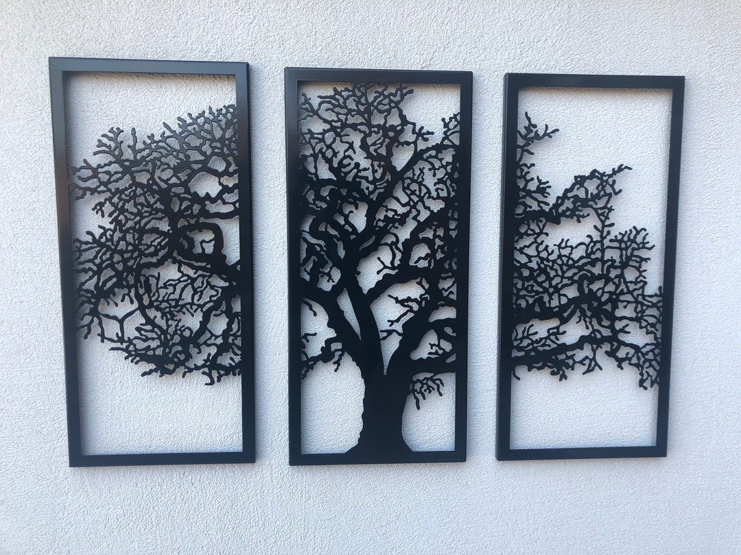 Metal Wall Art Decor 3D Sculpture 3 Piece Oak Tree Modern Decor Tree of ...