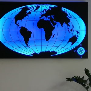 Mapa del mundo Arte de pared Metal Mapa del mundo Luz LED Control remoto Regalo Oficina Sala de estar Dormitorio Garaje