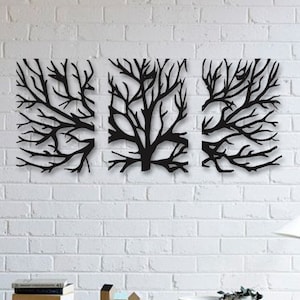 Metal Wall Art Decor 3D Sculpture 3 Piece Tree Brunch Modern Fireplace ...
