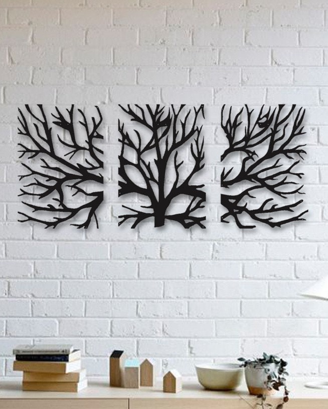 Metal Wall Art Decor 3D Sculpture 3 Piece Tree Brunch Modern Etsy UK