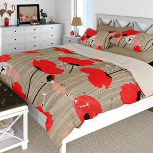 Red poppy duvet cover or quilted comforter, Twin, Queen and King, Optional matching floral pillow shams.