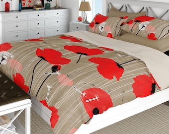 Red Poppy Bedding: Minimalist Floral Duvet Cover or Comforter, Optional Shams