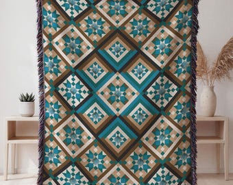 Teal Diamond Pattern Blanket, Farmhouse Style Woven Cotton Throw