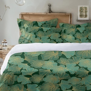 Ginkgo Leaves Bedding Set, Cotton or Poly, Botanical Duvet Cover or Comforter, Optional Shams