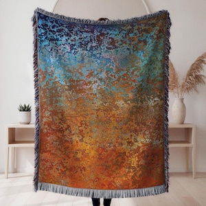Woven Cotton Throw Blanket: Southwestern Abstract Art, Burnt Orange & Turquoise