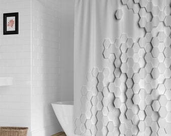 Monochromatic geometric 3D hexagon print shower curtain.