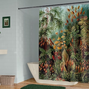 Botanical shower curtain, Art Nouveau forest plants and trees, Optional bathmat
