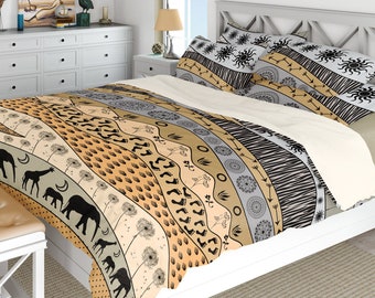 Neutral African duvet cover or ethnic motif quilted comforter bedding. Twin, Queen or King sizes with optional pillow shams