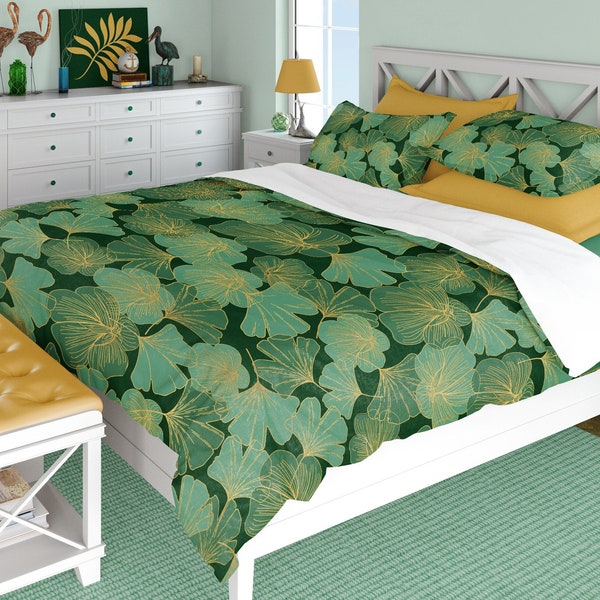 Green and gold ginkgo leaf duvet cover or comforter bedding set with pillow shams optional, nature inspired tropical leaves decor.