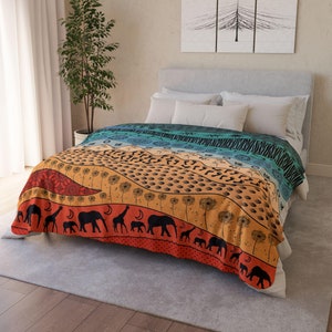 Boho African Fleece Throw Blanket: Ethnic Naive Art Sherpa Back