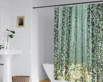 Green trees mosaic tile shower curtain with optional bathmat.