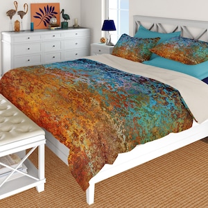 Abstract Southwestern Bedding: Cotton or Poly, Burnt Orange & Turquoise Comforter or Duvet Cover, Shams