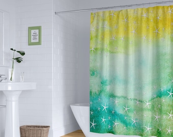Beach shower curtain with white starfish, Aqua, yellow and green nautical design, Optional bathmat