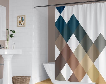 Large squares geometric shower curtain, Blue and brown abstract pattern, Optional bathmat