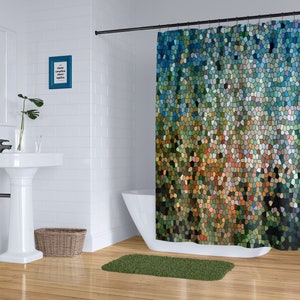 Aqua mosaic shower curtain, Blue and green tile, Stained glass geometric design, Optional bathmat