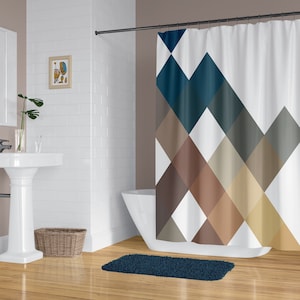 Large squares geometric shower curtain, Blue and brown abstract pattern, Optional bathmat