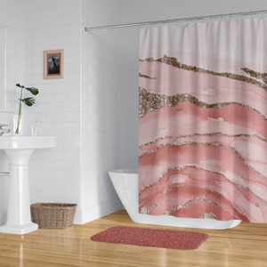 Abstract shower curtain, Glam watercolor marble art, Optional bathmat