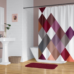 Geometric shower curtain. Large diagonal squares pattern. Optional bathmat.