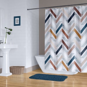 Chevron shower curtain, Blue and brown abstract geometric pattern. Optional bathmat, Exclusively here now!