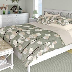 Sage Green Bedding: Cotton or Poly, Lunaria Plant Duvet Cover or Comforter, Optional Shams