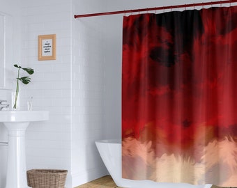 Stormy deep red cloudy sky shower curtain set, Abstract modern art bath mat