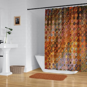 Abstract art shower curtain, Burnt orange tile pattern in multi color paint swirls.