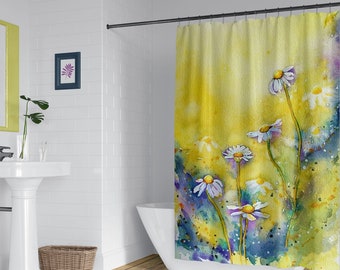 Yellow floral shower curtain, Cottagecore bathroom decor, Wildflower garden of watercolor daisies, Country-style matching bath mat Boho chic