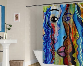 Multicolor modern art shower curtain. Abstract faces graffiti street art, Unusual bathroom decor