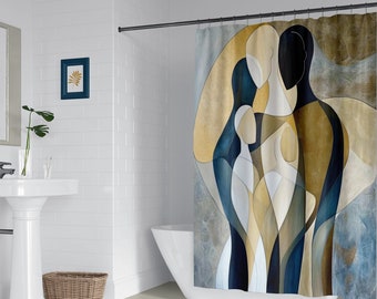 Unusual modern art shower curtain, Abstract people, Fine art family scene in neutral colors