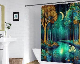 Teal fantasy forest shower curtain, Moonlit watercolor woodland trees, Swan on a river bath mat optional