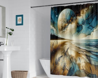 Fantasy moonlit beach shower curtain, Soft watercolor expressionism art, Teal and turquoise supermoon bath mat