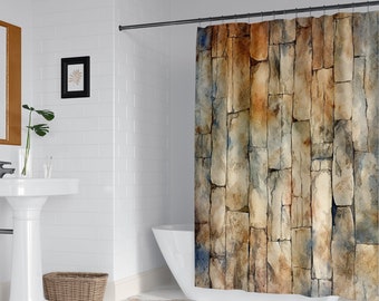 Carved sandstone rock shower curtain set, Neutral watercolor art stone primitive rustic bathroom decor