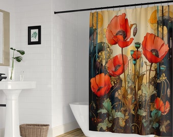Poppy shower curtain, Watercolor wildflowers Art Nouveau style floral bathroom curtain set, Red flower bath mat optional