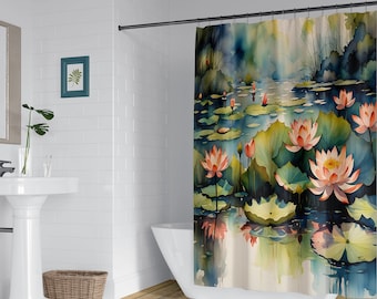 Pink lotus flowers shower curtain, Lily pond in blue and green, Floral cottagecore bathroom curtain, Watercolor art, Matching bath mat