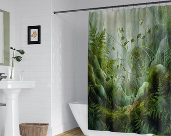 Muted green misty forest shower curtain, Dreamy surreal rocky woods in vintage style watercolor, Country bathroom decor, Matching bath mat.