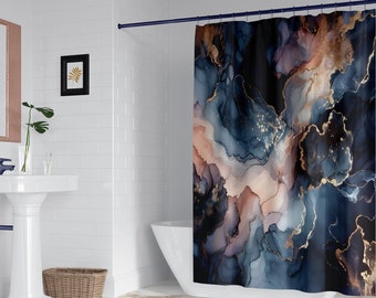 Navy marble shower curtain, Dark blue and peach modern abstract art, Fluid art alcohol ink bath mat optional