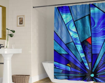 Blue abstract shower curtain, Stained glass nautical design, Optional bathmat