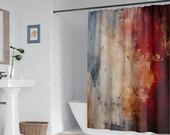 Abstract art shower curtain, Retro colors vintage style for an urban industrial bathroom with matching grunge bath mat.