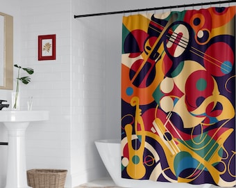 Colorful jazz music shower curtain, Abstract geometric musical instruments, Retro Mardi Gras-inspired art for a modern bathroom decor