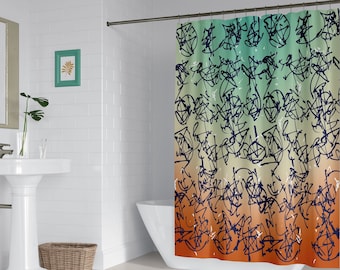 Abstract doodle art shower curtain,  Ombre light green and burnt orange Boho scribbles bath mat